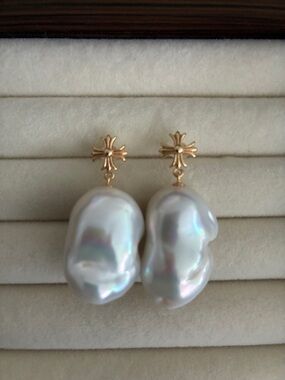 Gold Cross Baroque Pearl Drop Earrings – Organic Statement